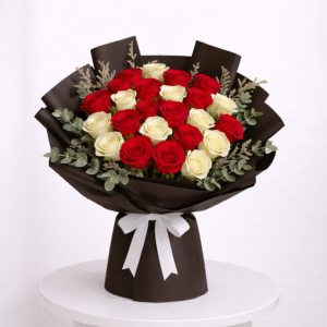 Classic Red & White Rose Bouquet – 33 Roses