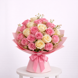 Pink & White Rose Hand Bouquet – 28 Roses
