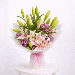 Pink Lily Bouquet – 10 Lilies with Wax Flowers