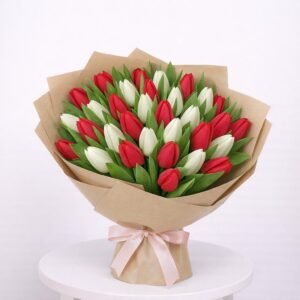 Red & White Harmony Tulip Bouquet – 45 Stems