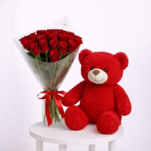 Red Roses Bouquet with Teddy Bear